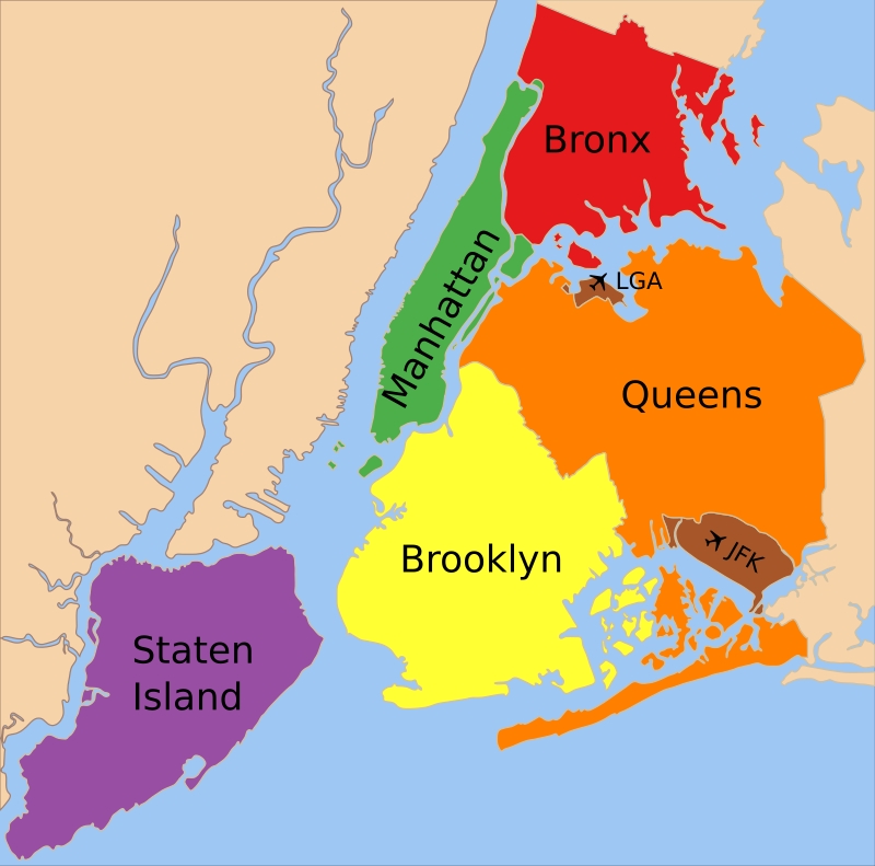 Die fünf Stadtbezirke von New York. Graphik Julius Schorzman, Gemeinfrei, https://commons.wikimedia.org/